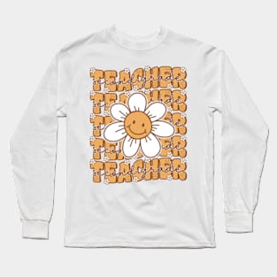 Groovy Retro Second Grade Teacher Cute Flower Back to School Long Sleeve T-Shirt